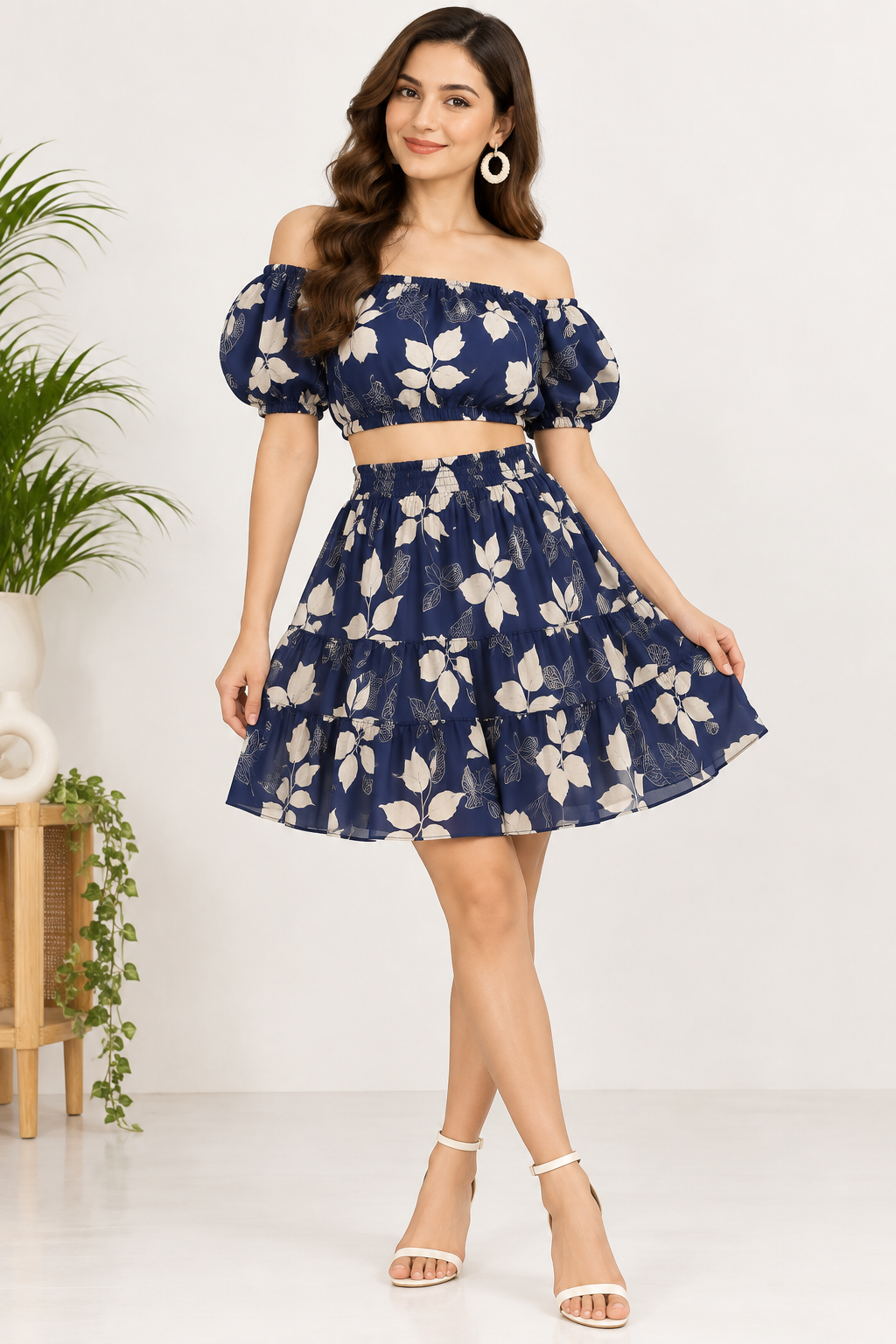Navy Blue Crop Top Skirt Set for Women | Cotton Co-Ord Outfit