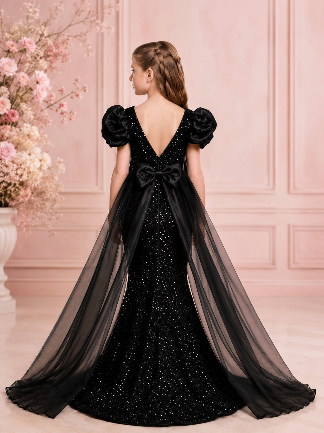 Midnight Noir Sequin Mermaid Gown with Detachable Organza Cape