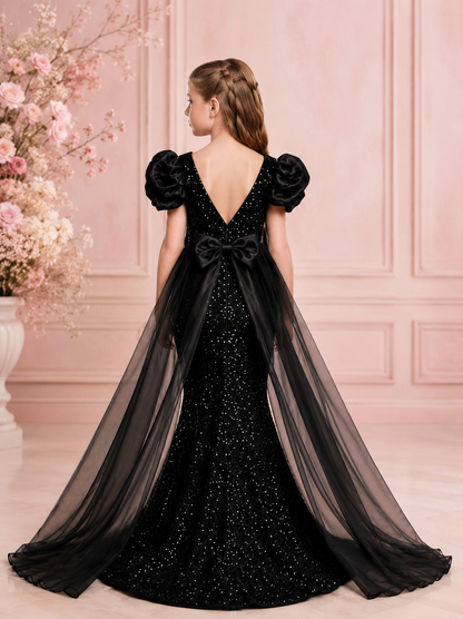 Midnight Noir Sequin Mermaid Gown with Detachable Organza Cape