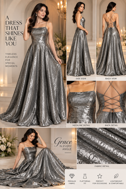 Women’s Metallic Gunmetal Silver Gown | God Shine Shimmer Fabric