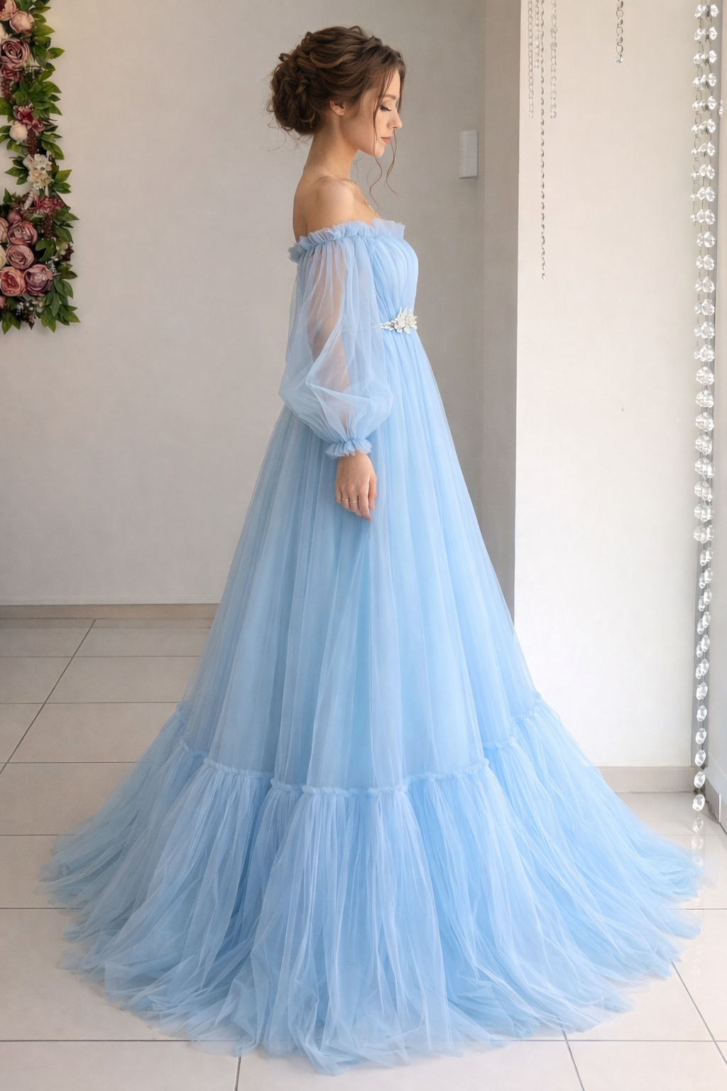 Women’s Luxury Sky Blue Off-Shoulder Tulle Ball Gown with Puff Sleeves