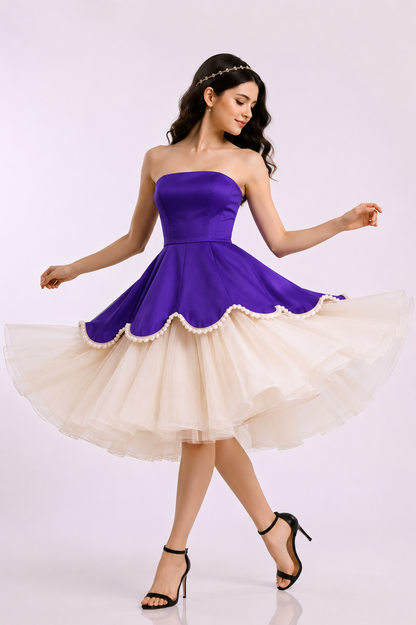 Women's Royal Purple Strapless Fit & Flare Midi Dress | Pearl Trim Layered Tulle Party Dress