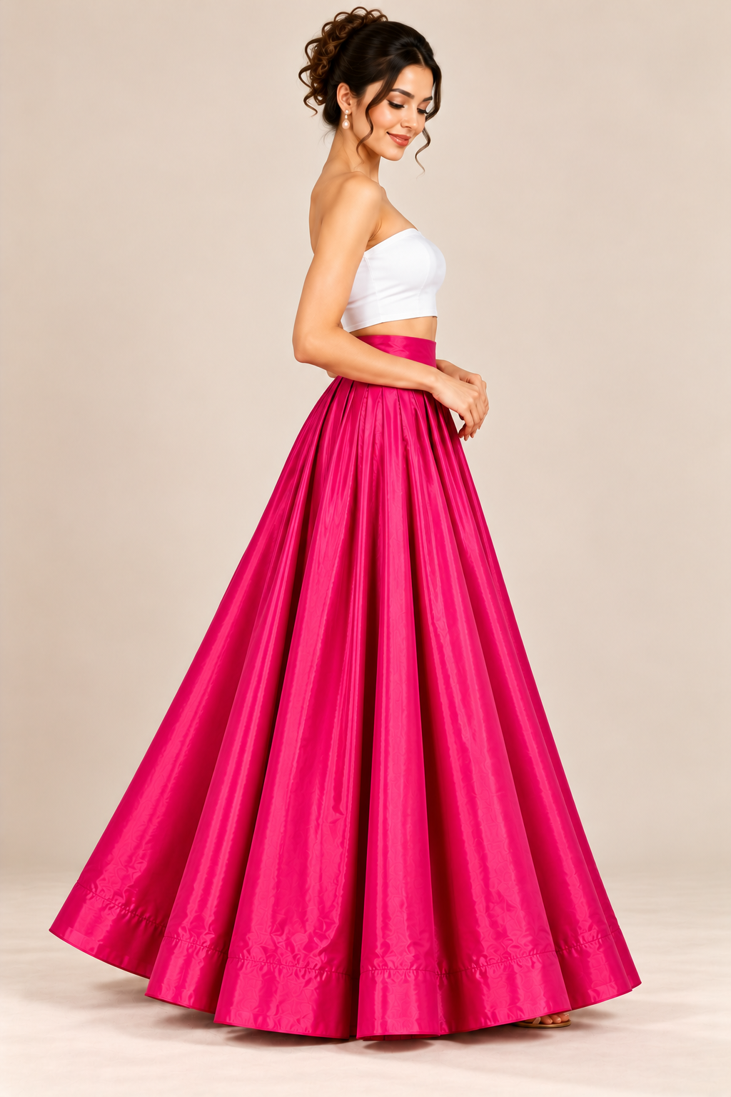 Women’s Hot Pink Glass Satin Flared Maxi Skirt | High-Waist Pleated Full-Length Party Wear Skirt