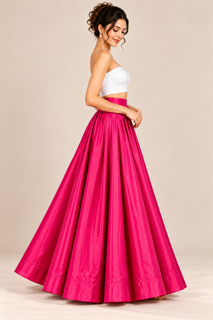 Women’s Hot Pink Glass Satin Flared Maxi Skirt | High-Waist Pleated Full-Length Party Wear Skirt