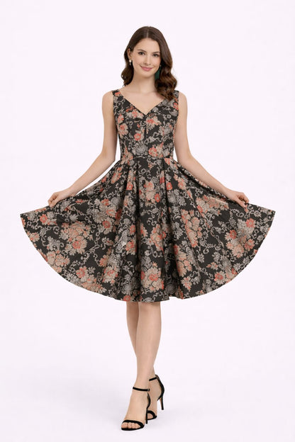 Elegant Women Floral Printed Sleeveless Satin Knee-Length Dress – Chic Casual & Party Wear multicolor
