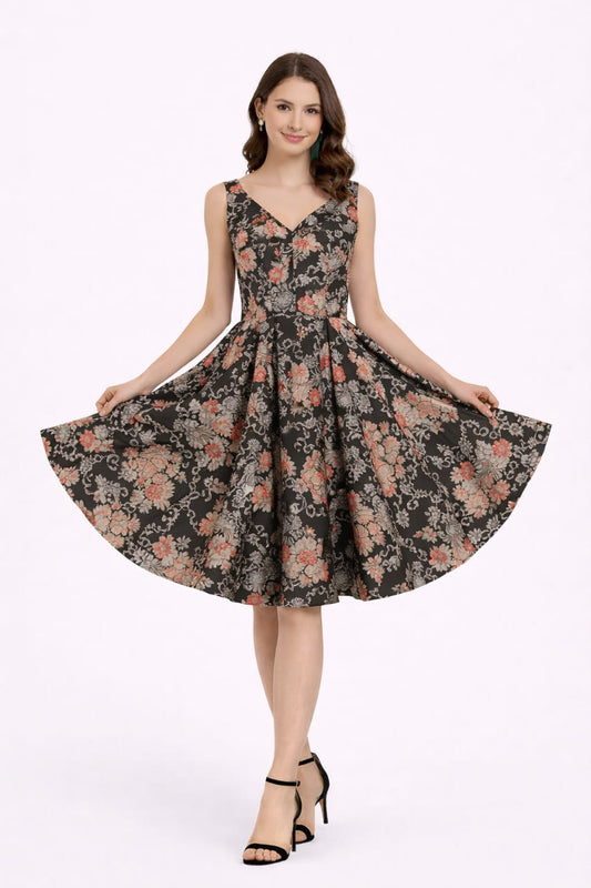 Elegant Women Floral Printed Sleeveless Satin Knee-Length Dress – Chic Casual & Party Wear multicolor