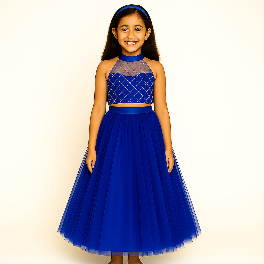 Girls Party Wear Set – Crop Top & Skirt Combo for Kids ( Blue )