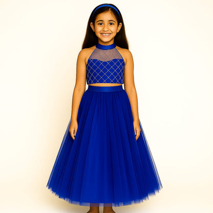 Girls Party Wear Set – Crop Top & Skirt Combo for Kids ( Blue )