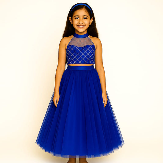 Girls Party Wear Set – Crop Top & Skirt Combo for Kids ( Blue )