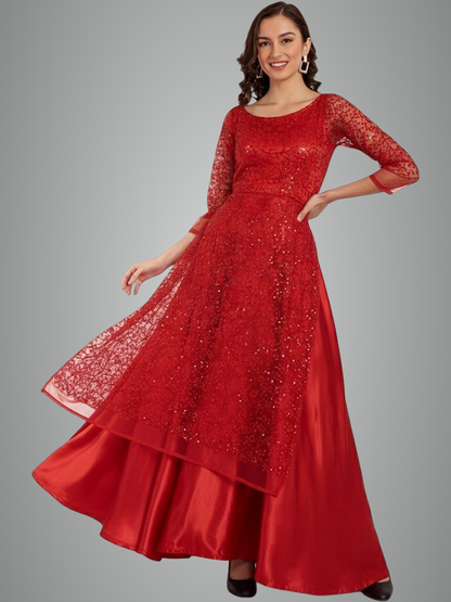 Ruby Red Sequin Designer Anarkali Gown for Women