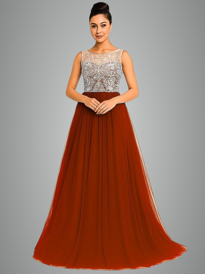 Elegant Women Net Fit & Flare Maxi Dress – Layered Tulle Party & Evening Gown red and silver