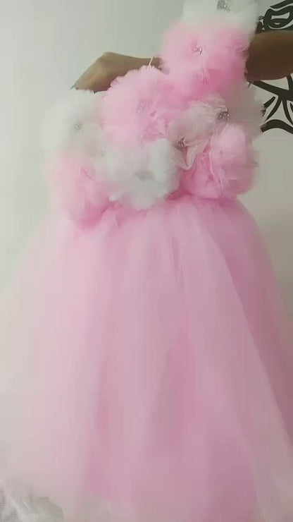 Baby Pink Floral One-Shoulder Tulle Party Dress for Girls