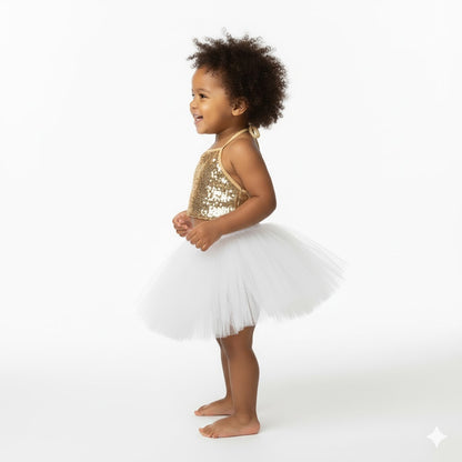 Baby Girl Dress Set – Trendy Top & Skirt for Little Girls golden and white