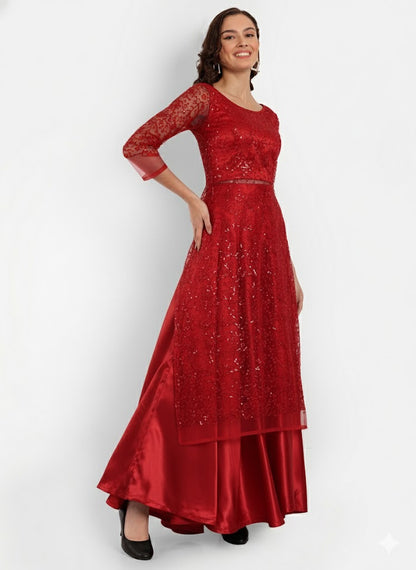 Ruby Red Sequin Designer Anarkali Gown for Women