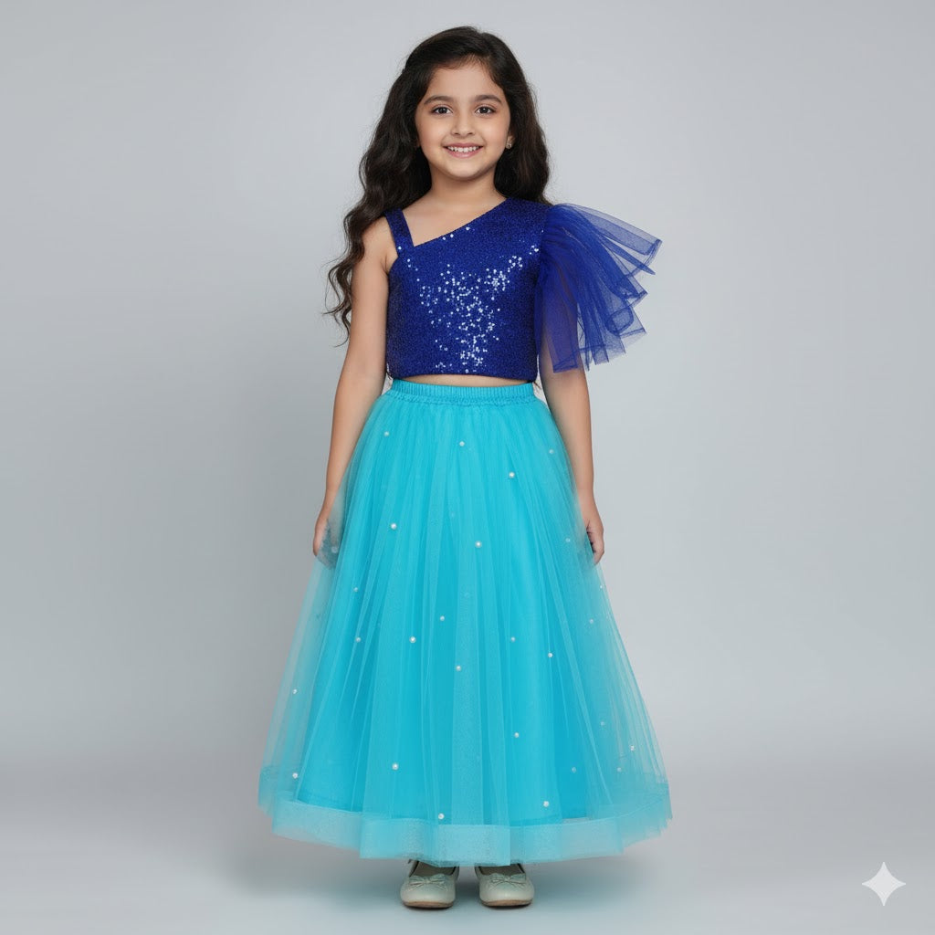 Girls Royal Blue Sequin Top with Sky Blue Net Lehenga Set
