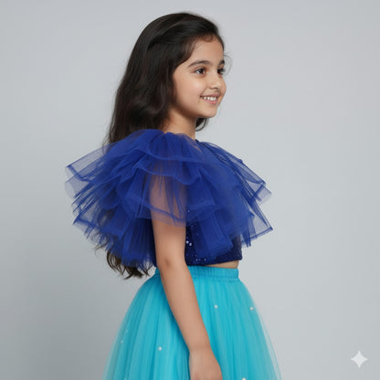 Girls Royal Blue Sequin Top with Sky Blue Net Lehenga Set