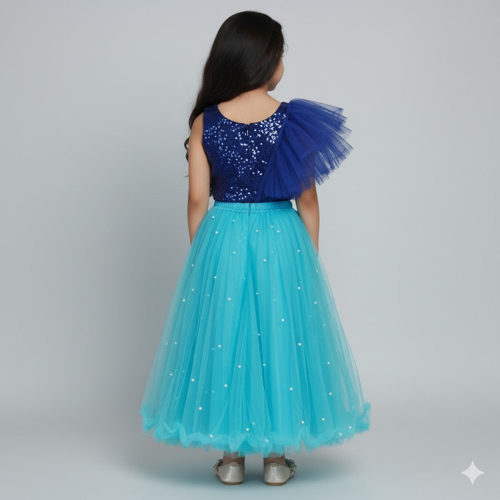 Girls Royal Blue Sequin Top with Sky Blue Net Lehenga Set