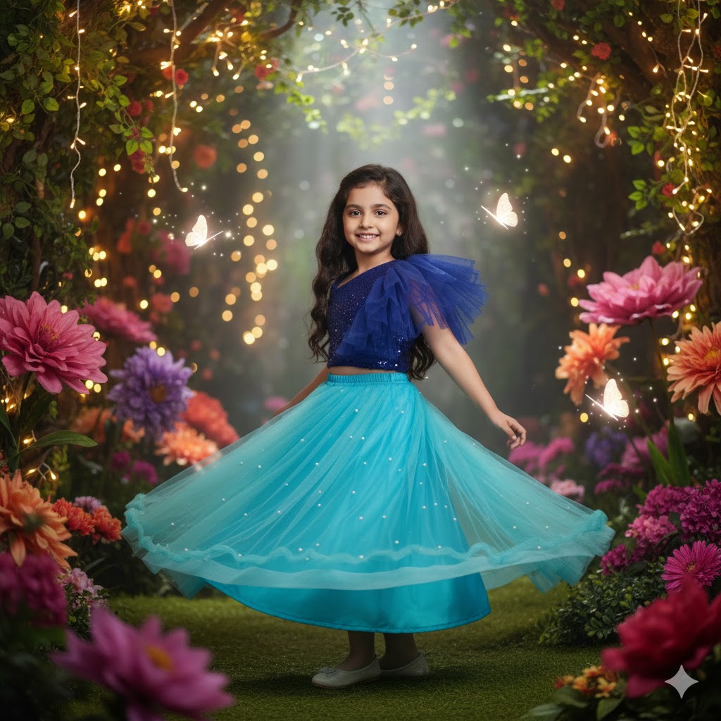 Girls Royal Blue Sequin Top with Sky Blue Net Lehenga Set