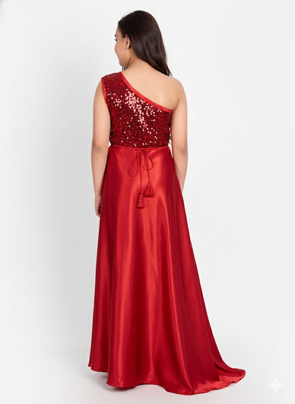 Girls Red One-Shoulder Sequin Party Gown