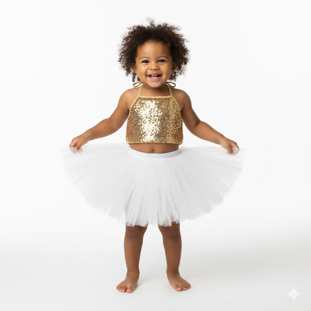 Baby Girl Dress Set – Trendy Top & Skirt for Little Girls golden and white