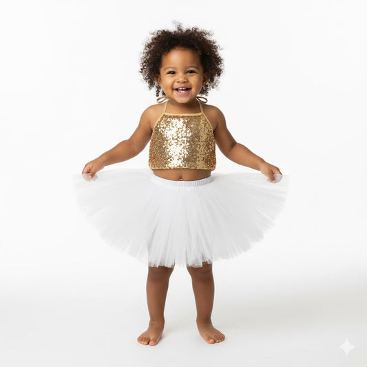 Baby Girl Dress Set – Trendy Top & Skirt for Little Girls golden and white