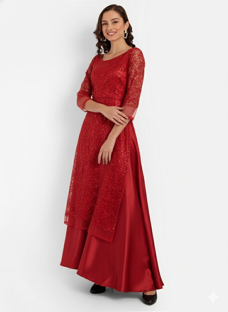 Ruby Red Sequin Designer Anarkali Gown for Women