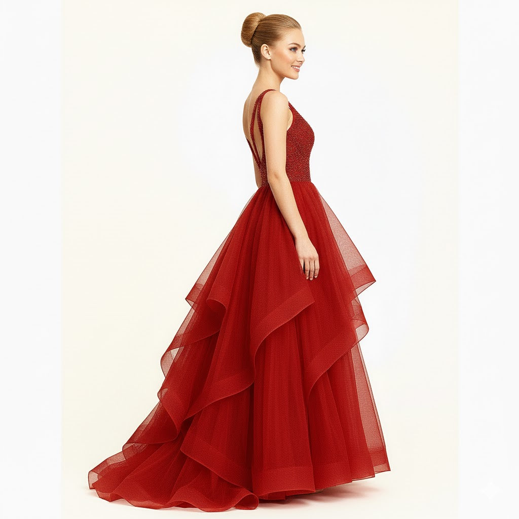 Elegant Women Embellished Sequined Boat Neck Net Fit & Flare Maxi Dress – Party & Evening Gown red