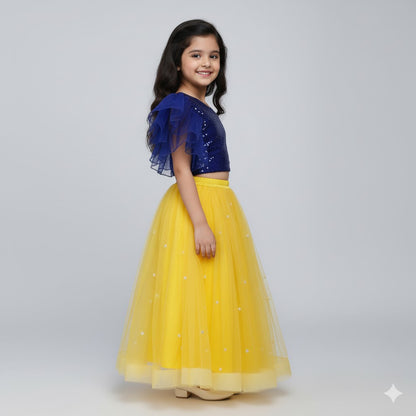 Girls Navy Blue Sequin Top with Yellow Net Lehenga Party Wear Set