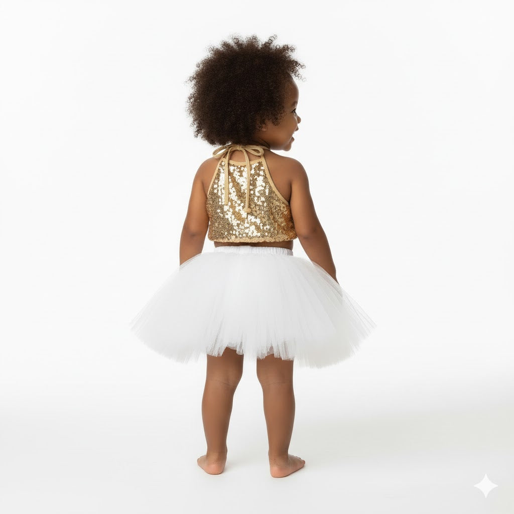 Baby Girl Dress Set – Trendy Top & Skirt for Little Girls golden and white