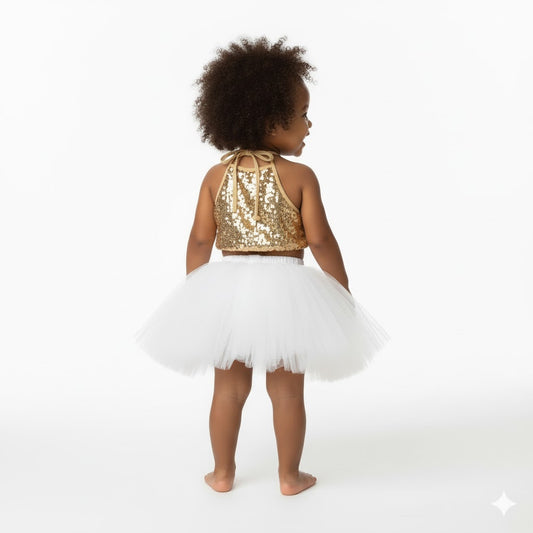 Baby Girl Dress Set – Trendy Top & Skirt for Little Girls golden and white