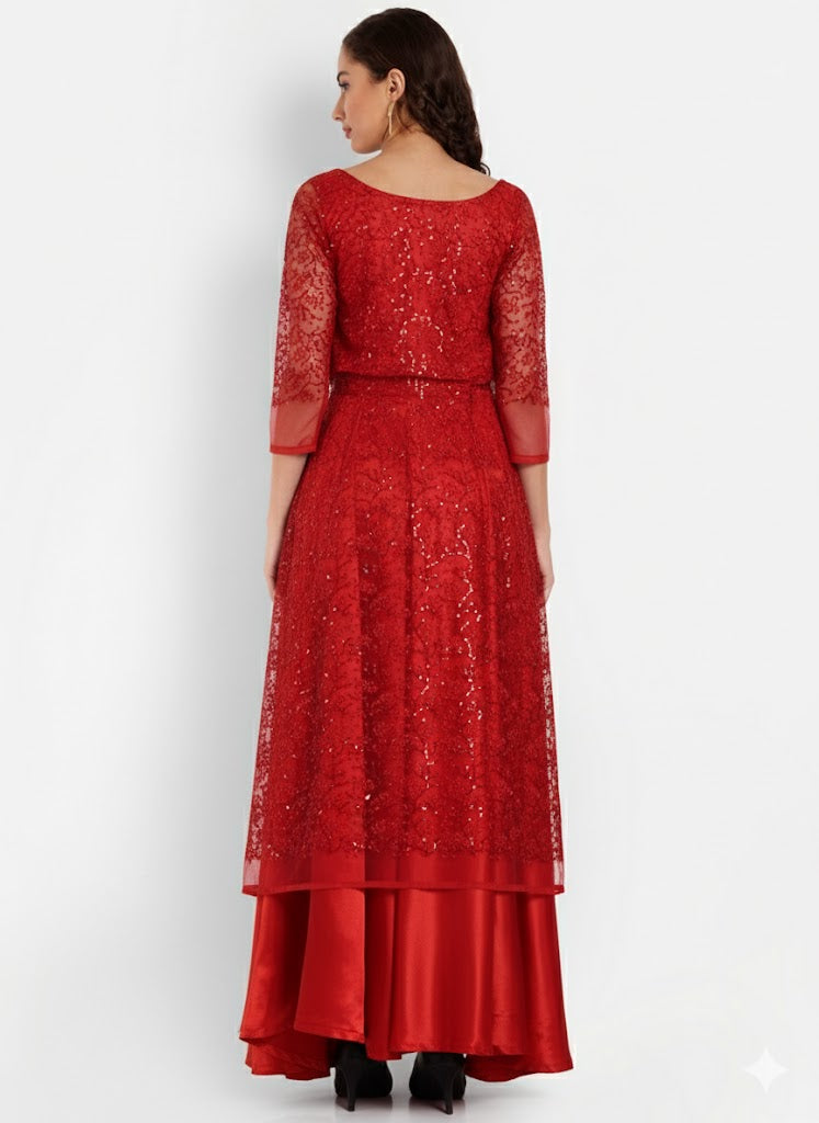 Ruby Red Sequin Designer Anarkali Gown for Women