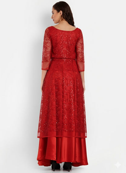 Ruby Red Sequin Designer Anarkali Gown for Women
