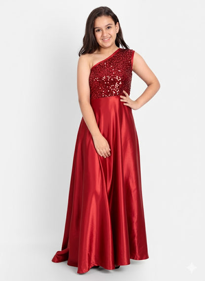 Girls Red One-Shoulder Sequin Party Gown