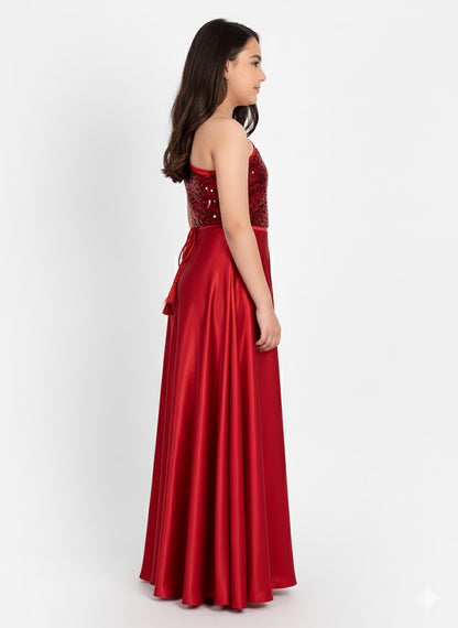 Girls Red One-Shoulder Sequin Party Gown