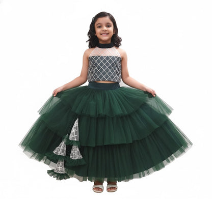 Girls Party Wear Set – Crop Top & Skirt Combo for Kids ( Dark Green )