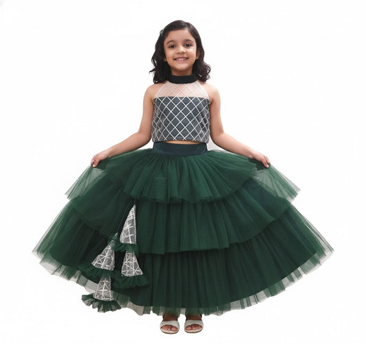 Girls Party Wear Set – Crop Top & Skirt Combo for Kids ( Dark Green )