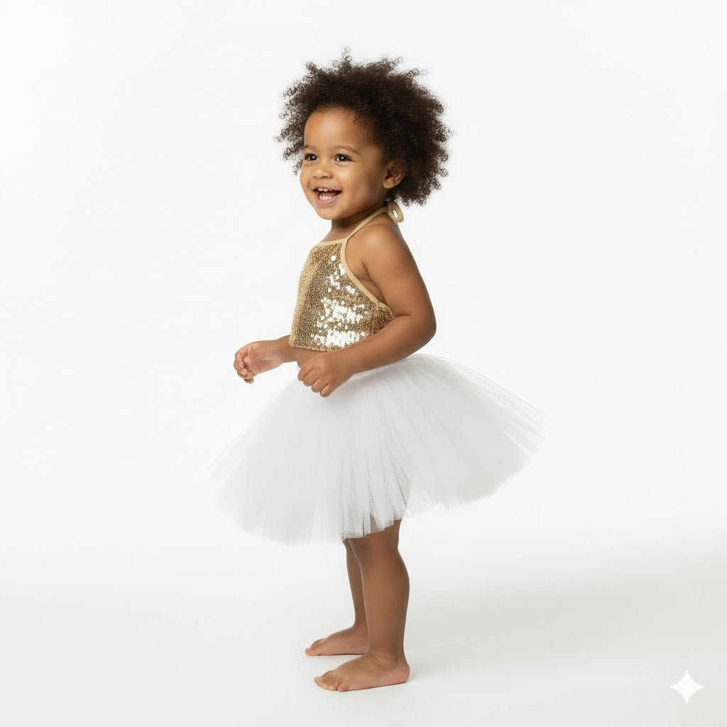 Baby Girl Dress Set – Trendy Top & Skirt for Little Girls golden and white
