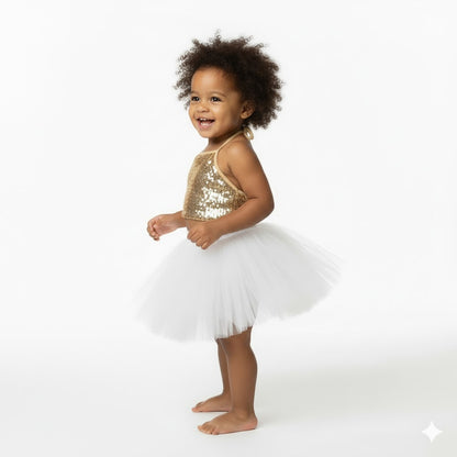 Baby Girl Dress Set – Trendy Top & Skirt for Little Girls golden and white