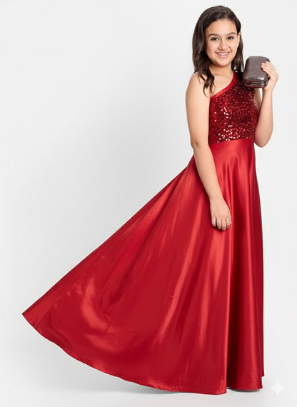 Girls Red One-Shoulder Sequin Party Gown