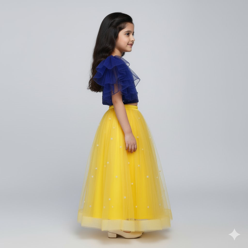 Girls Navy Blue Sequin Top with Yellow Net Lehenga Party Wear Set