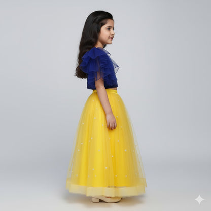 Girls Navy Blue Sequin Top with Yellow Net Lehenga Party Wear Set