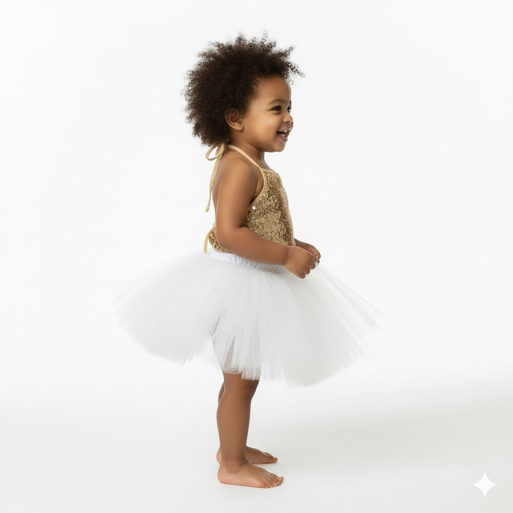 Baby Girl Dress Set – Trendy Top & Skirt for Little Girls golden and white