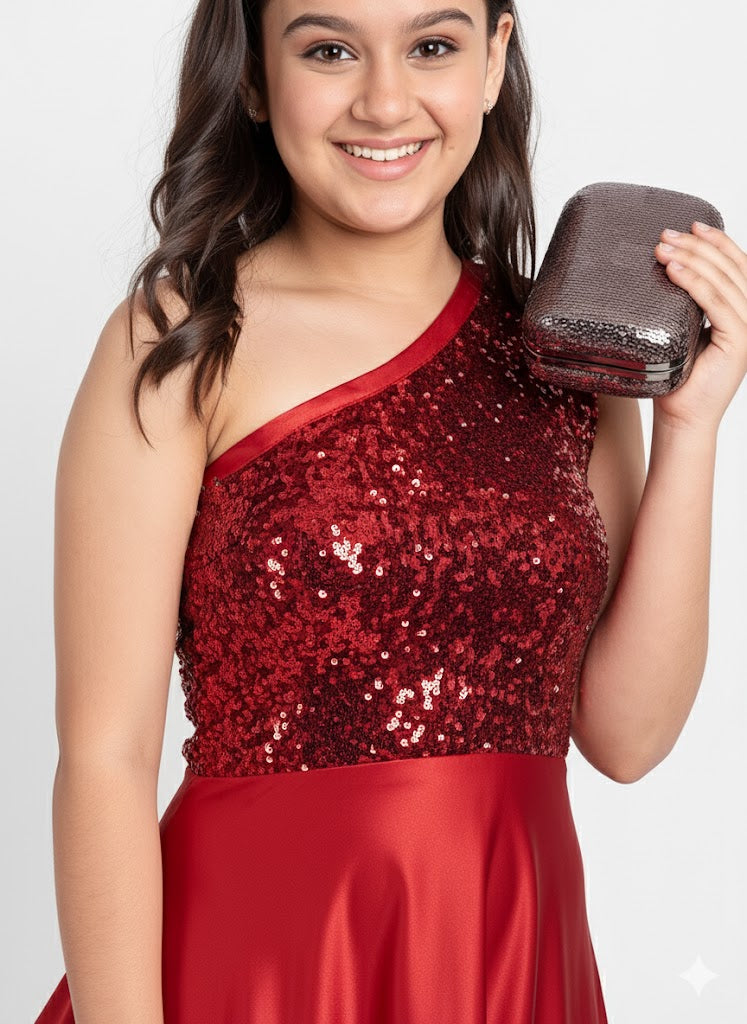 Girls Red One-Shoulder Sequin Party Gown