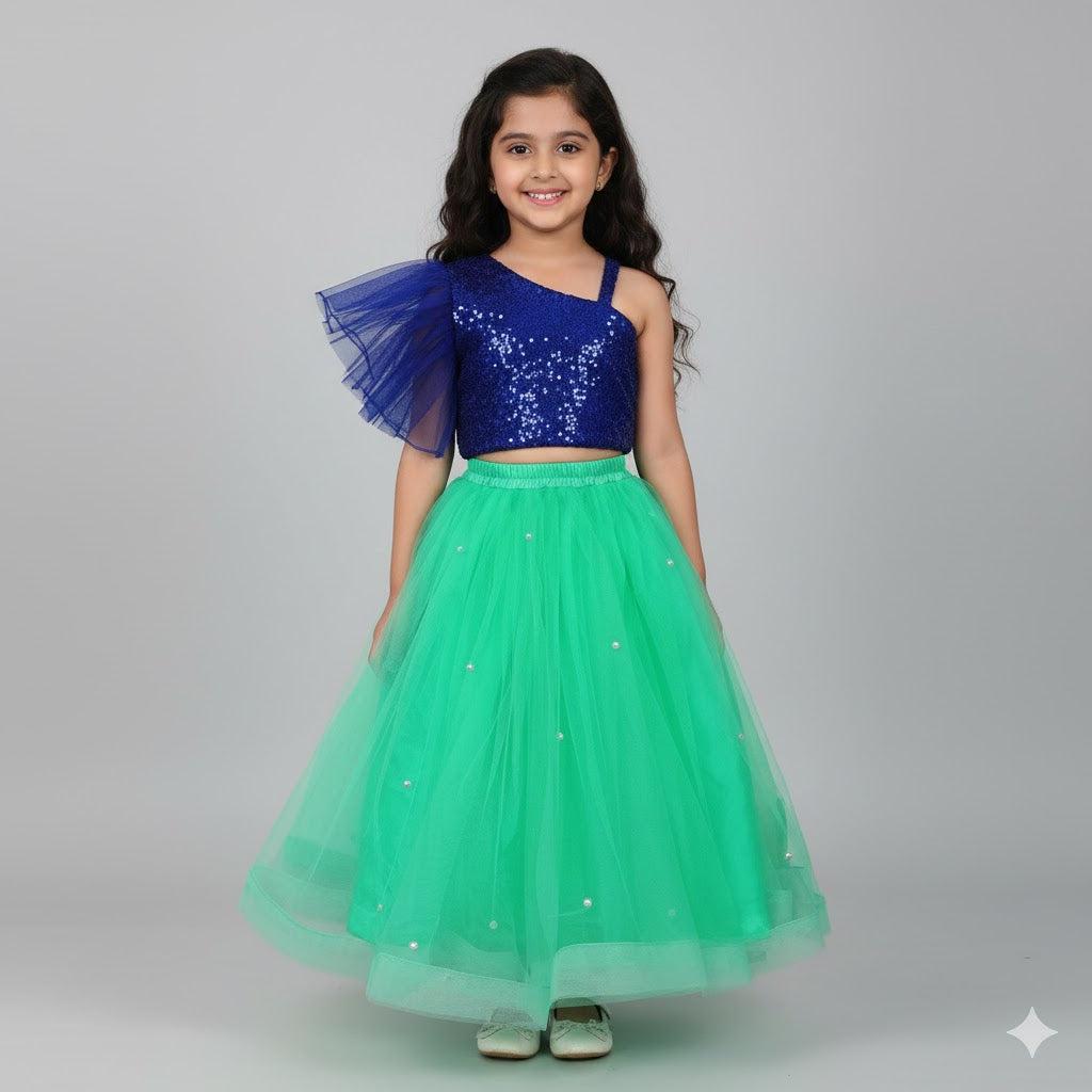 Royal Blue & Mint Green Sequin Party Wear Lehenga Set for Girls