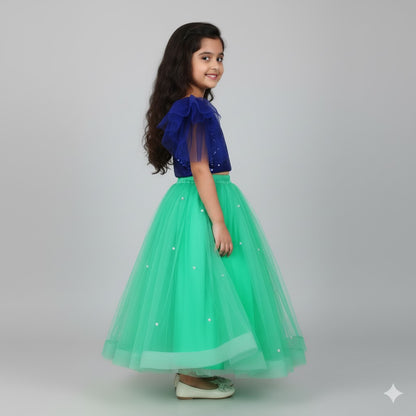 Royal Blue & Mint Green Sequin Party Wear Lehenga Set for Girls