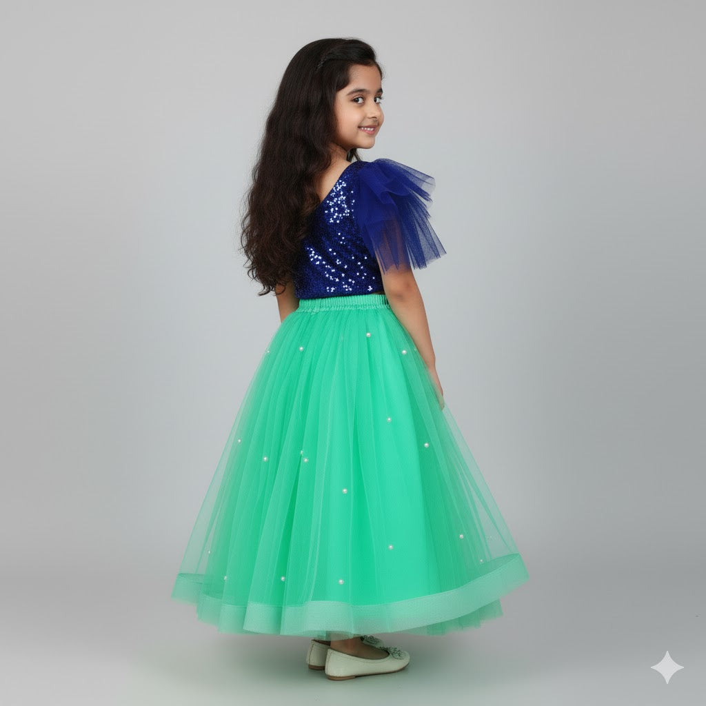 Royal Blue & Mint Green Sequin Party Wear Lehenga Set for Girls