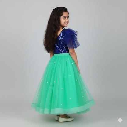 Royal Blue & Mint Green Sequin Party Wear Lehenga Set for Girls