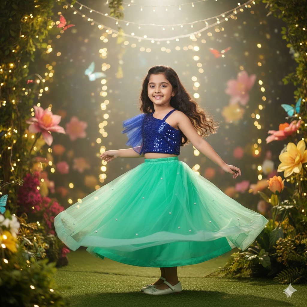 Royal Blue & Mint Green Sequin Party Wear Lehenga Set for Girls