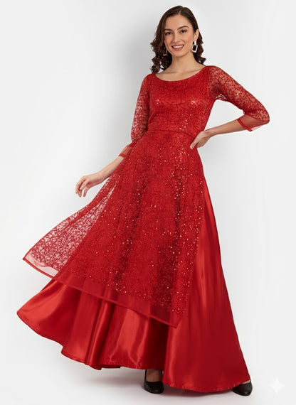 Ruby Red Sequin Designer Anarkali Gown for Women