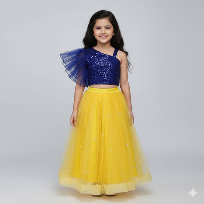 Girls Navy Blue Sequin Top with Yellow Net Lehenga Party Wear Set